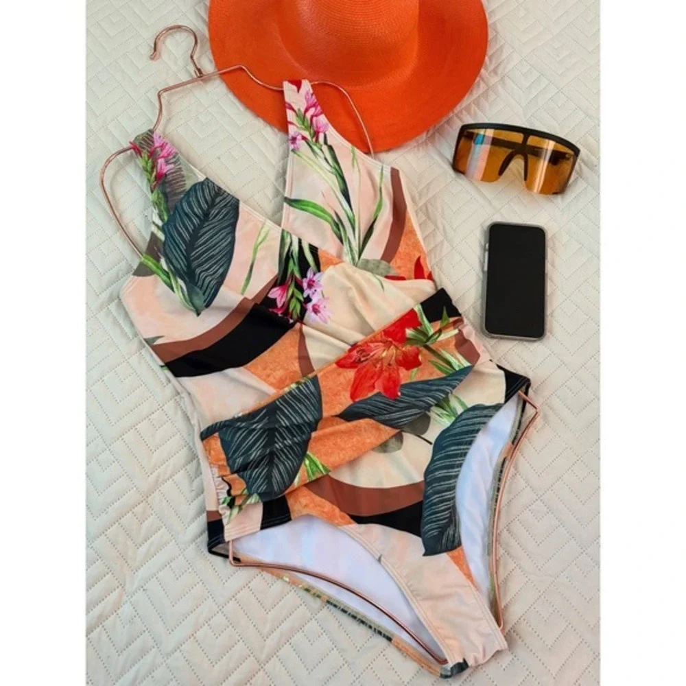 IDOPIP Floral One‎ Piece Swimsuit Padded Wrap Front Tropical Print Beachwear M